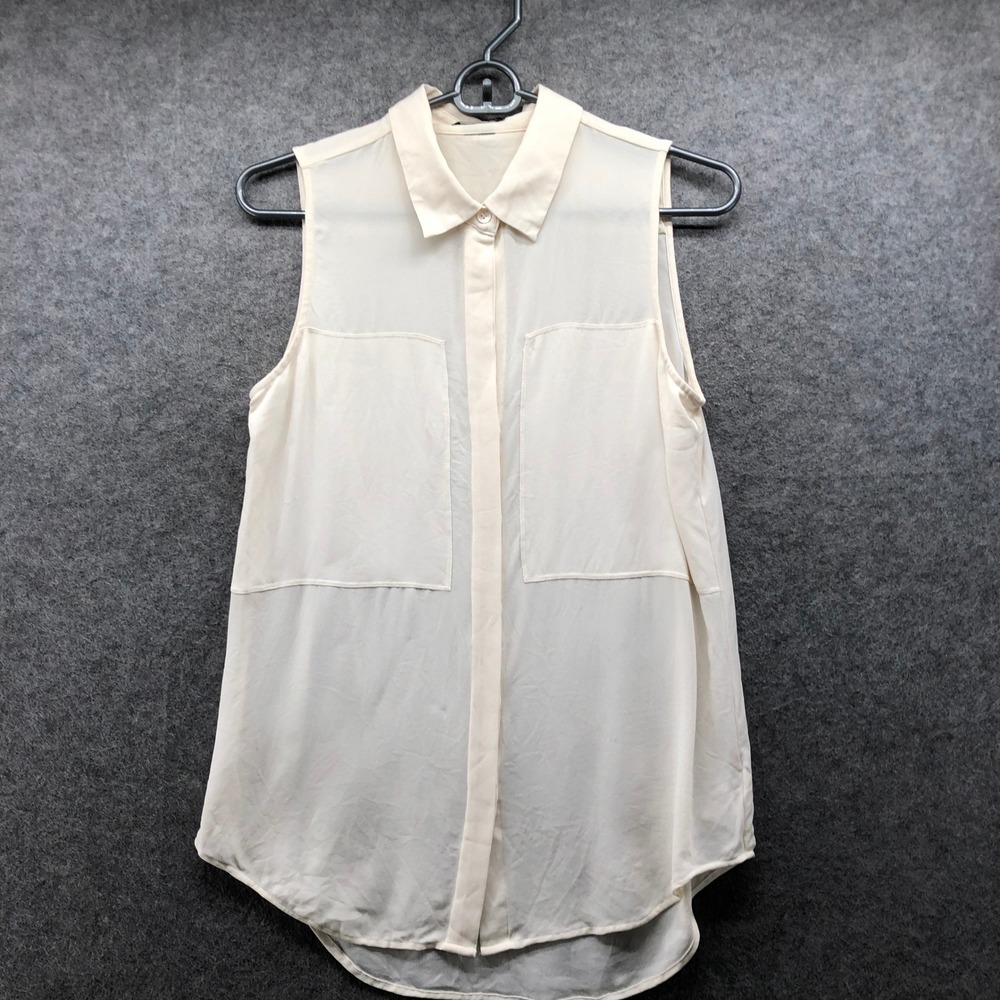 Theory Silk Sheer Sleeveless Button Down Blouse Top Small Cream Ivory Utility